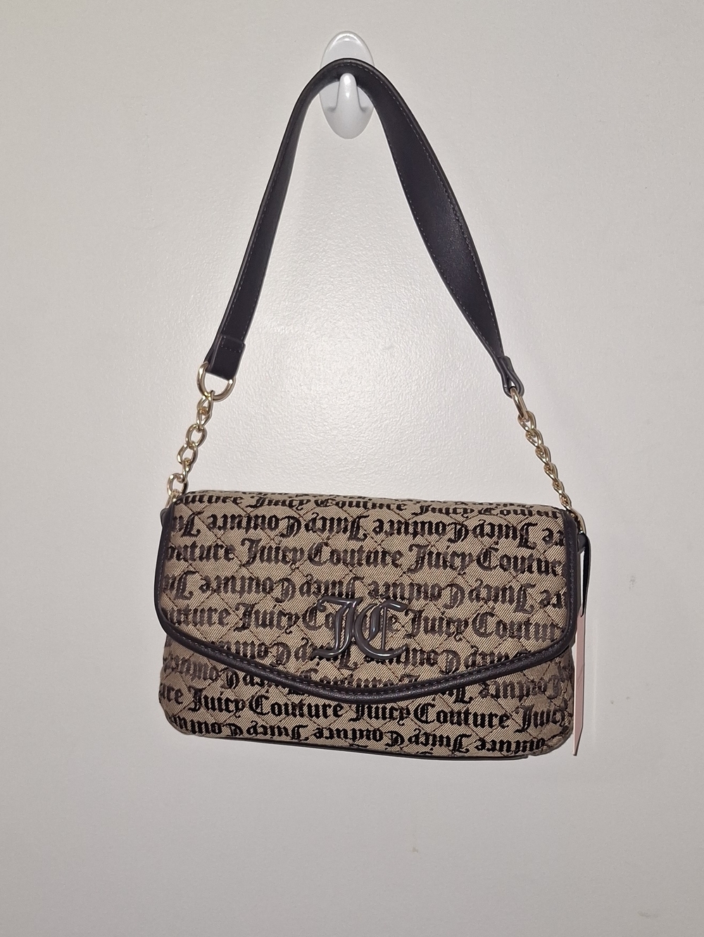 Juicy Couture Tan Logo Print Shoulder Bag with Black Accents